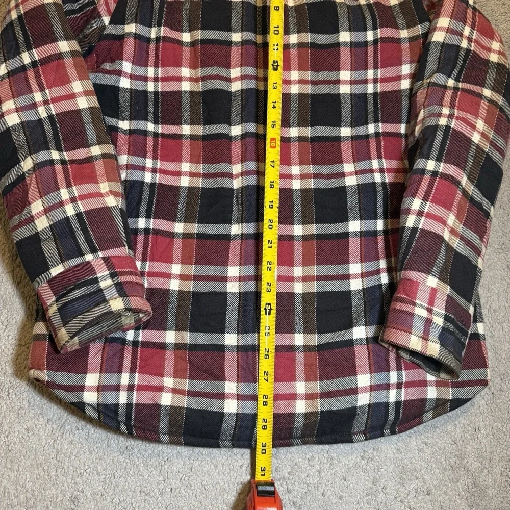True Religion Sherpa Flannel Jacket Men L Red Blk Plaid Lined Shacket Pearl Snap